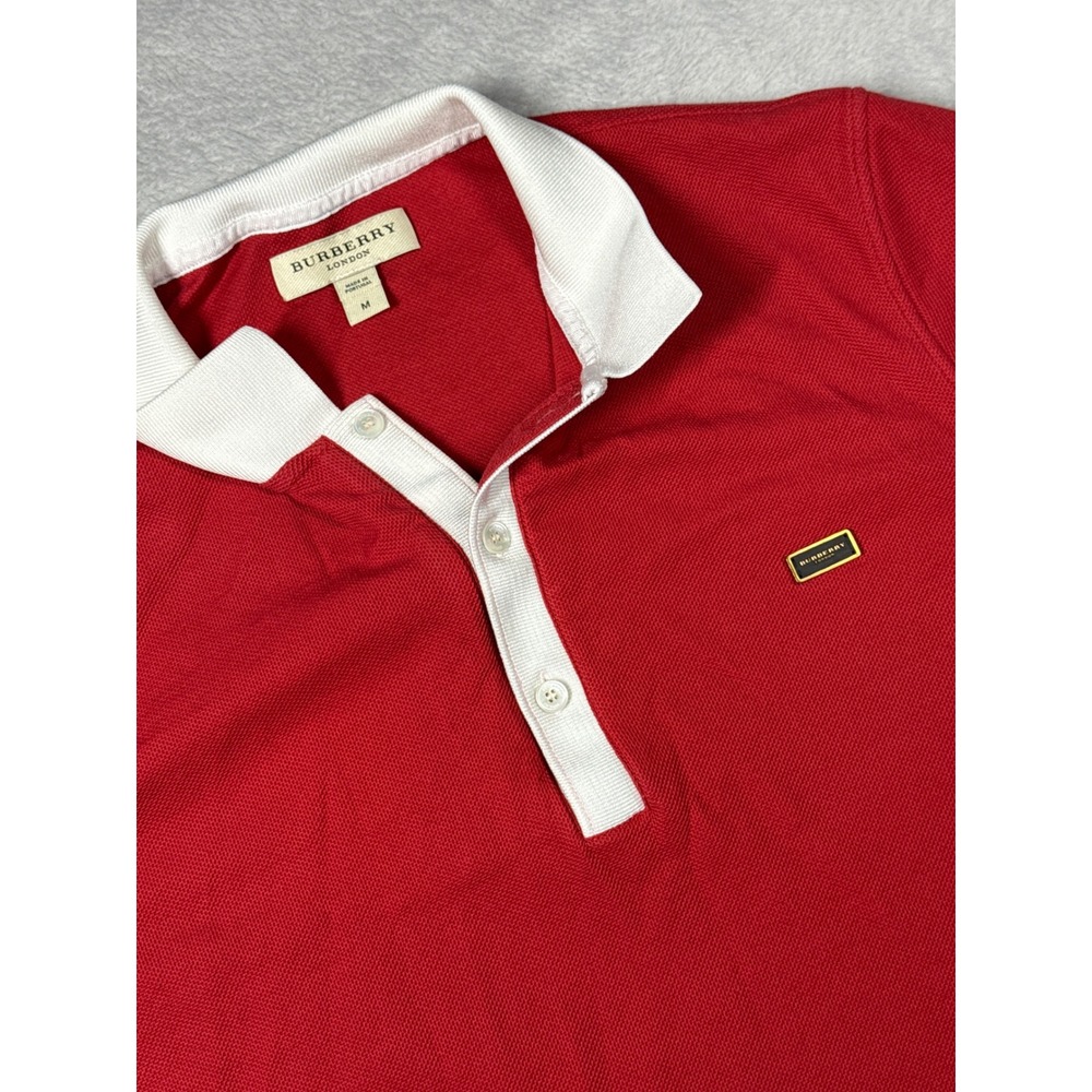 Burberry Polo Shirt Mens M Red White Collar Logo Plaque Pique Luxury 13769